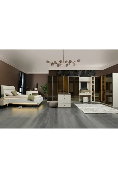 Aura L Tipi Full Set Yatak Odası Takımı 11 Kapaklı Ultra Geniş Gardırop + Ada Şifonyer + Aynalı Şifonyer + Bazalı Karyola ürün görseli 1