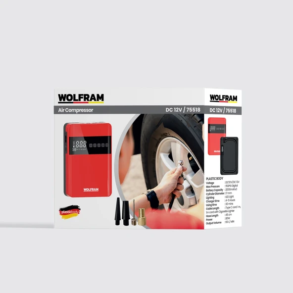 Şarjlı Dijital Hava Kompresörü 150 PSI – Powerbank Özellikli - WOLFRAM 75518 ürün görseli 1