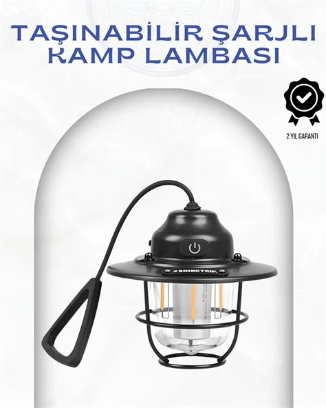 Geometrik Tasarımlı Vintage Kamp Lambası – Type-C Şarj, Ayarlanabilir Parlaklık ürün görseli 1