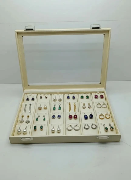 Yeni Cam Kapaklı Imera Deri Kumaş Krem Renk 34 Cm / 24 Cm 20 bölmeli Küpe Sergileme Standı ürün görseli 1