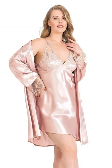 Arias Closet Büyük Beden Pudra Kısa İkili Saten Sabahlık Gecelik Takımı ürün görseli 1