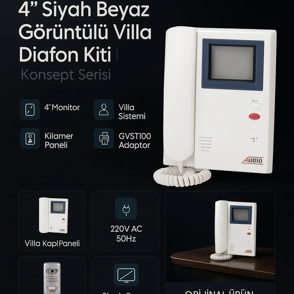 Audio 001396 GVST Konsept GTY 4” Siyah Beyaz Görüntülü Villa Diafon Kiti | Konsept Serisi | Kamera + Adaptör Dahil ürün görseli 1