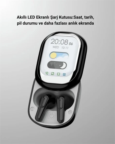 Akıllı Ekranlı Bluetooth 5.4 Kablosuz Kulaklık – Dokunmatik ve Şarj Kutulu ürün görseli 1