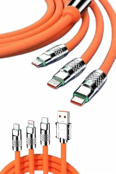 120W Silikon Metal Uçlu LED Işıklı 3 In1 Şarj Kablosu 1.2m ürün görseli 1
