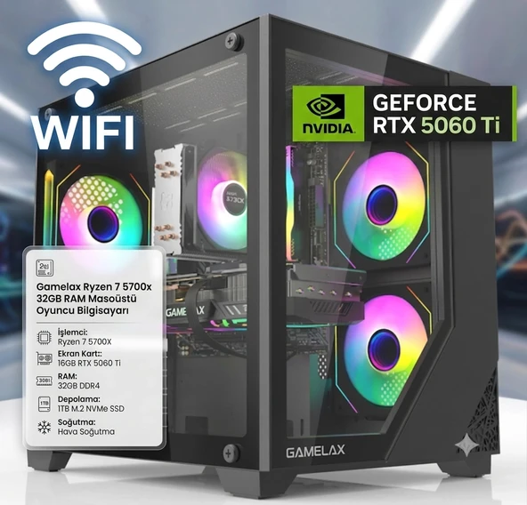 Gamelax Cber5700x Ryzen 7 5700x 32GB Ram 1TB M.2 NVMe SSD 16GB RTX5060 Ti Masaüstü Oyuncu Bilgisayarı Oem Paket ürün görseli 1