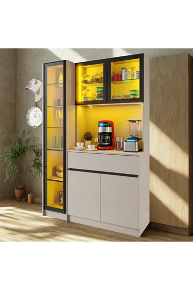 Viena Sand Midi Sol Vitirinli Kahve Köşesi 130 cm Komple MDF LED Aydınlatmalı Sol Vitrinli Modern Kahve Dolabı ürün görseli 1