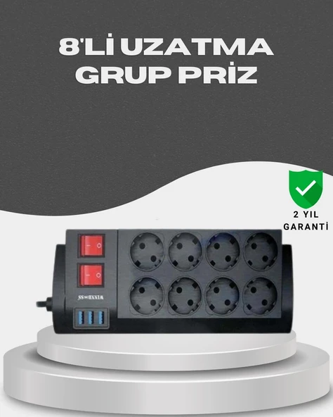 Akım Korumalı 8’li Priz 3 USB’li Uzatma Kablosu Isıya Dayanıklı 2 Metre ürün görseli 1