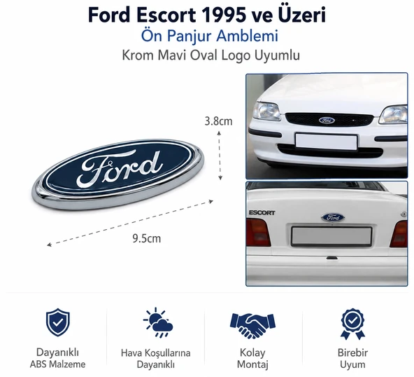 Ford Escort 1995 ve Üzeri Ön Panjur Amblemi Krom Mavi Oval Logo Uyumlu ürün görseli 1