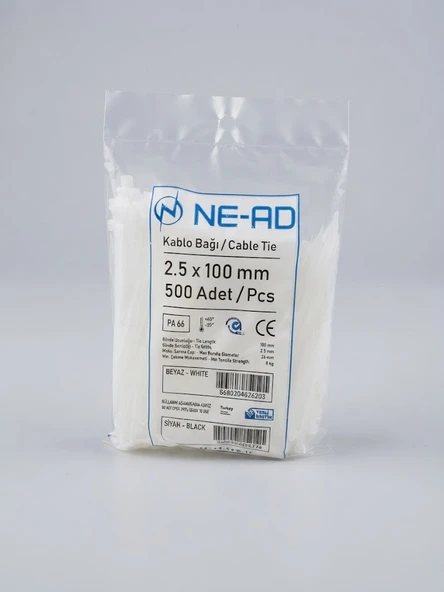 2,5 x 100 mm Kablo Bağı Nead 500 lük Paket Beyaz ürün görseli 1