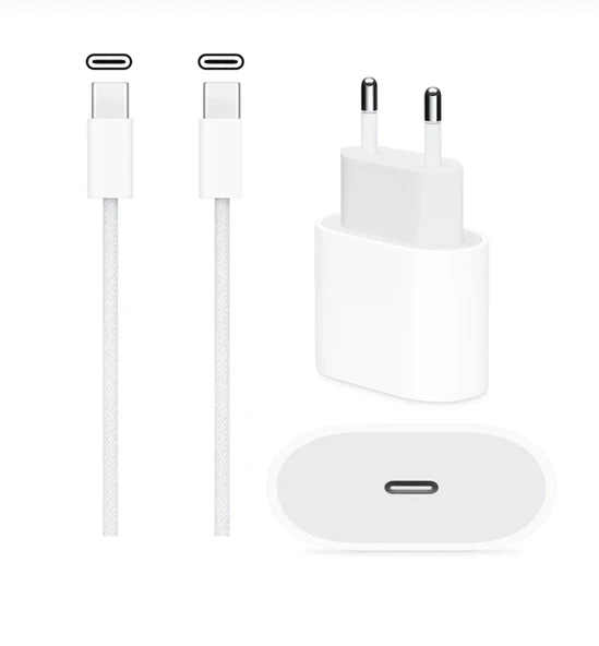 İphone 15 / 16 / 17 / Pro / Pro Max Hızlı Şarj Cihazı Aleti ( 20w Adaptör + Usb-C to Usb-C Kablo ) ürün görseli 1