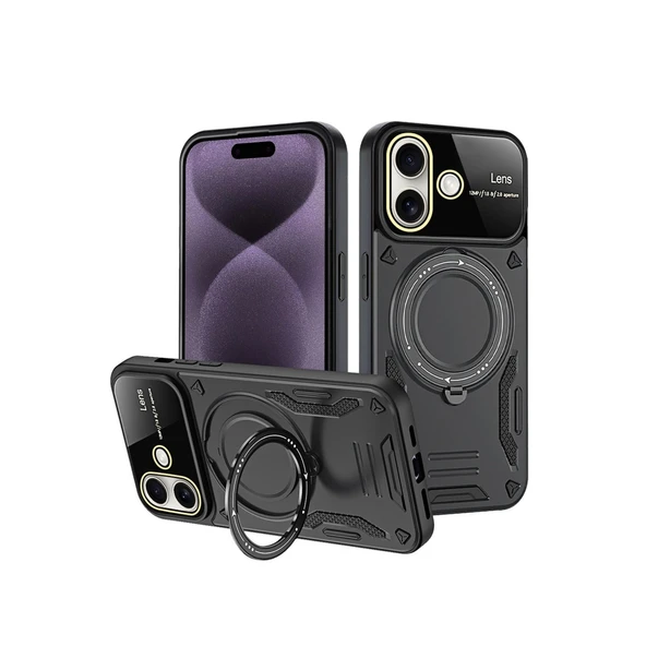 İphone 16 Kılıf Joy Lens Standlı Kapak - Siyah ürün görseli 1