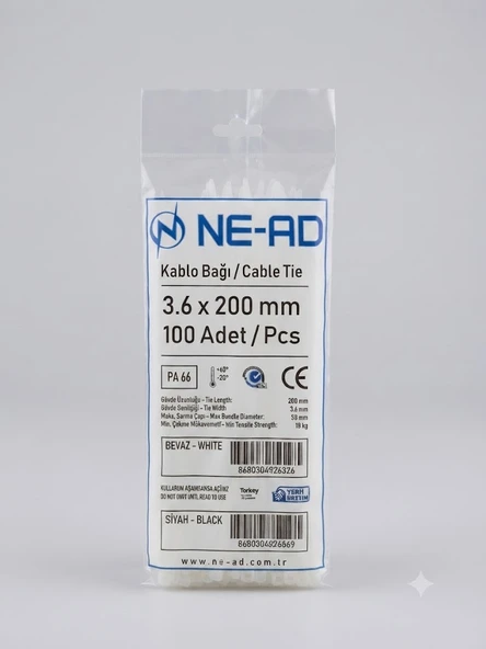 3,6 x 200 mm Kablo Bağı Nead 100 lük Paket Beyaz ürün görseli 1