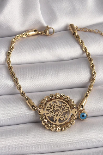 316L Çelik Gold Renk Burgu Zincir Model Dorika Yaşam Ağacı Figür Nazar Boncuk Detay Kadın Bileklik ürün görseli 1