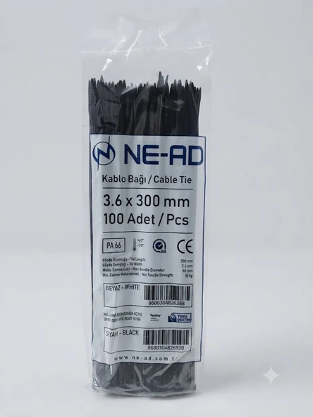 3,6 x 300 mm Kablo Bağı Nead 100 lük Paket Siyah ürün görseli 1