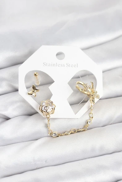 Pirinç Gold Renk Kelebekli Model Zincir Bağlantılı Ear Cuff Küpe Seti ürün görseli 1