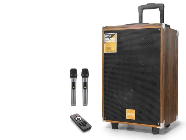 Bluetooth Hoparlör Fm Radyo 12 Inç Usb Tf Aux Çift Mikrofonlu Kumandalı - Ahşap BQ12 ürün görseli 1