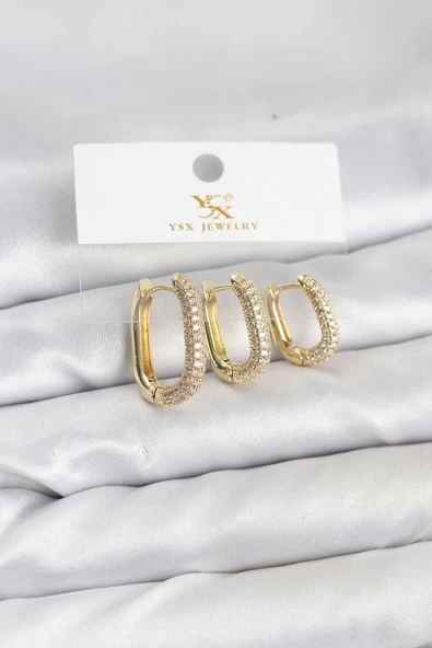 Pirinç Gold Renk Zirkon Taşlı Halka Model YSX Trio Küpe Seti ürün görseli 1