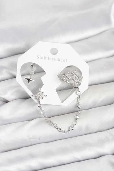 Kutup Yıldızı Model Pirinç Gümüş Renk Zincir Bağlantılı Ear Cuff Küpe Seti ürün görseli 1
