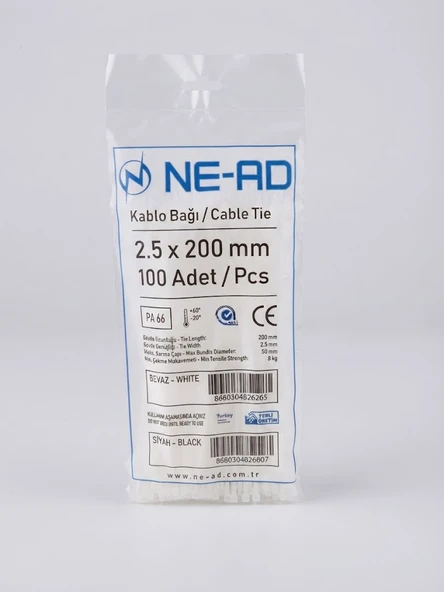2,5 x 200 mm Kablo Bağı Nead 100 lük Paket Beyaz ürün görseli 1