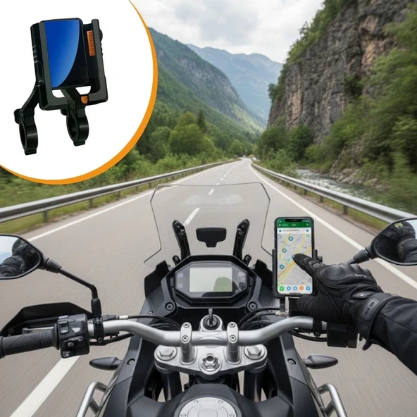Evrensel Motosiklet Telefon Tutucu – Kaymaz, Kilitlenebilir Güvenli Tutuşlu, 360° Ayarlanabilir Gidon Bağlantılı Akıllı Telefon Aparatı ürün görseli 1
