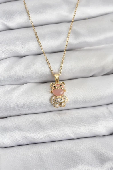 316L Çelik Zincir Gold Renk Teddy Bear Model Zirkon Taşlı Kadın Kolye ürün görseli 1