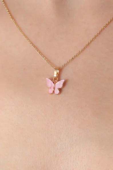 Gold Pembe Renk Kelebek Figür Kadın Kolye ürün görseli 1