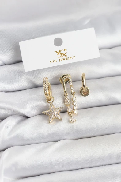 Pirinç Gold Renk Zirkon Taşlı Yıldız Vintage Model YSX Trio Küpe Seti ürün görseli 1