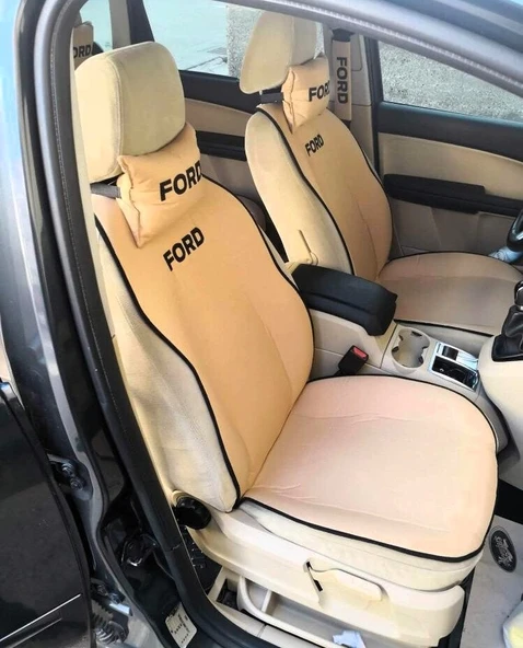 Ford İle UYUMLU Nakışlı Ön İkili Oto Koltuk Minderi 2 Adet Boyun Yastığı 2 Adet Kemer Pedi KREM ürün görseli 1