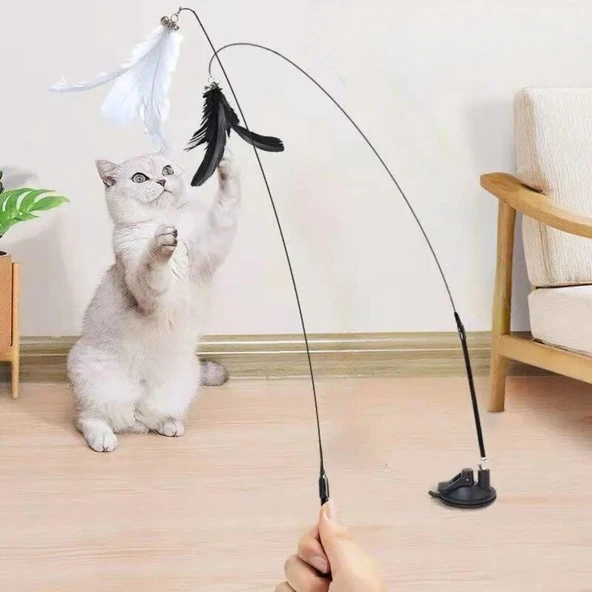 BUFFER® Vantuzlu Tüylü Zilli Olta Kedi Oyuncağı 2 Oltalı - Resim 3