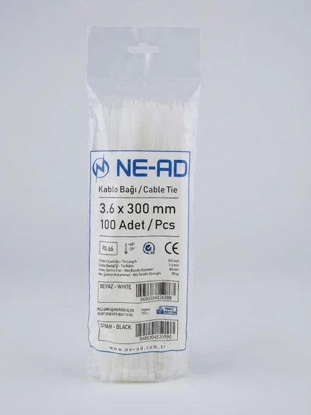 3,6 x 300 mm Kablo Bağı Nead 100 lük Paket Beyaz ürün görseli 1