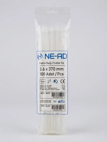 3,6 x 370 mm Kablo Bağı Nead 100 lük Paket Beyaz ürün görseli 1