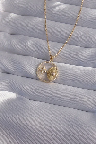 316L Çelik Zincir Gold Renk Zirkon Taşlı Yıldız Figürlü Oval Kolye ürün görseli 1