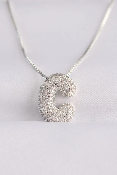 316L Çelik Zincirli Zirkon Taşlı C Harfli Silver Renk Bubble Kolye ürün görseli 1