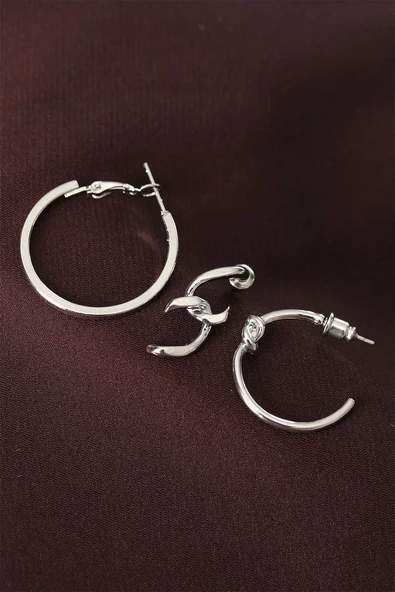 Düğüm Model Gümüş Renk Metal Çoklu Halka Küpe ürün görseli 1