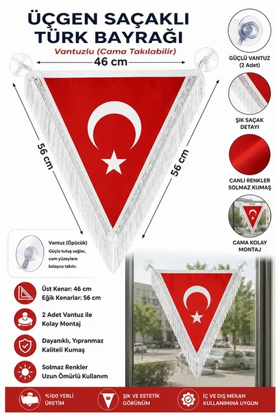 Üçgen Beyaz Saçaklı Türk Bayrağı 46x56cm 1 Adet Vantuzlu Üçgen Flama Çift Taraflı Püsküllü Bayrak Fırfırlı ürün görseli 1