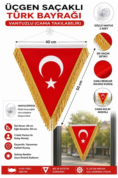 Üçgen Altın Sarı Saçaklı Türk Bayrağı 40x50cm 1 Adet Vantuzlu Üçgen Flama Çift Taraflı Püsküllü Bayrak Fırfırlı ürün görseli 1
