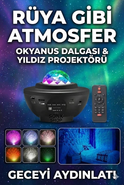 Galaksi Yıldız Projektörü ve Bluetooth Hoparlör 10 Renk Modlu Okyanus Dalgalı Gece & Disko Lambası ürün görseli 1