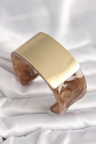 Kahverengi Mermer Desen Akrilik Platik Gold Dikdörtgen Plaka Model Vintage Kadın Bilezik ürün görseli 1