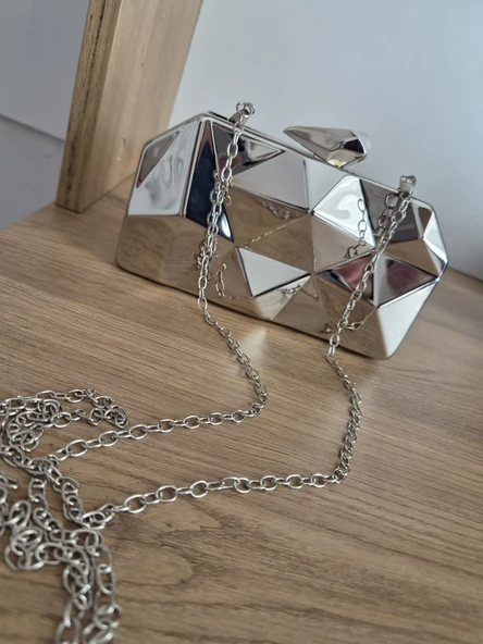 Modern Geometrik Gümüş El Çantası - Resim 2