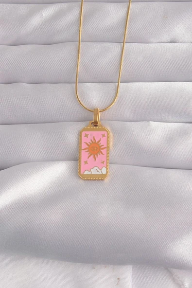 316L Çelik Gold Renk Pembe Mineli Güneş Model Tarot Kolye - TJ-BKO9029 TG-1395 340027 ürün görseli 1