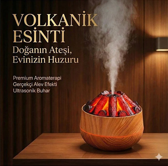 Dekoratif Yanardağ Tasarımlı LED Işıklı Ahşap Görünümlü Hava Nemlendirici & Aroma Difüzörü ürün görseli 1
