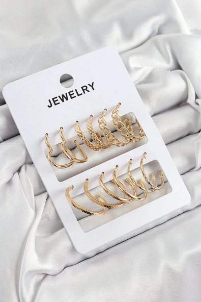 Pirinç Karışık Halka Model Gold Renk 6 Çift Kadın Küpe Set ürün görseli 1