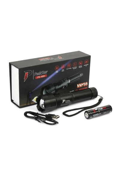 Peakstar Ps-1600 Süper Parlak Led Zoomlu 5 Mod Su Geçirmez Profesyonel Kamp Bekçi Avcı Feneri ürün görseli 1