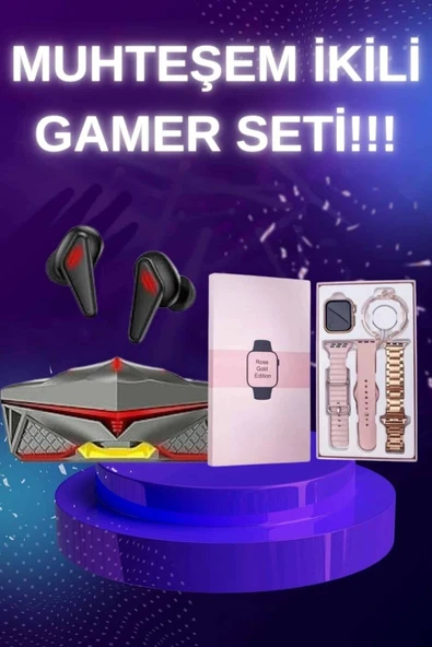 Yeni Nesil Pembe Dokunmatik Ekran Akıllı Saat ve Oyuncu Kulaklığı Kablosuz Bluetooth Kulaklık ürün görseli 1