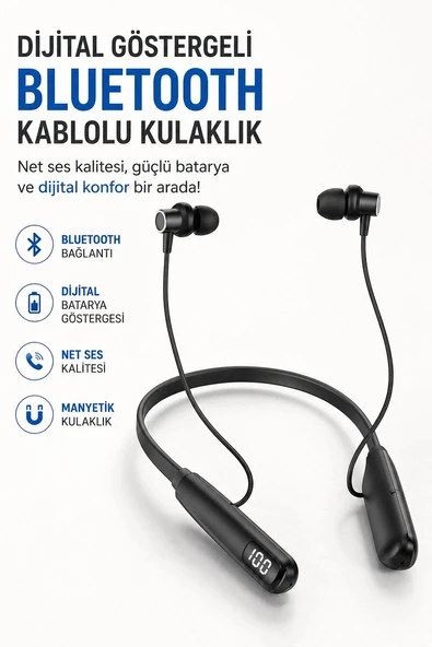 Dijital Batarya Göstergeli Bluetooth Özellikli Boyun Askılı Kulaklık ürün görseli 1