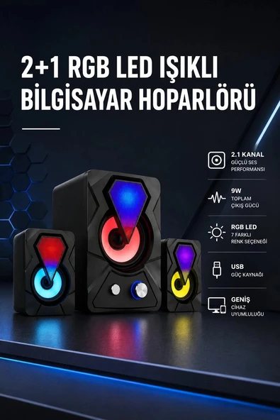 2+1 RGB LED Işıklı Güçlü Bas Sistemli Bilgisayar Hoparlörü ürün görseli 1
