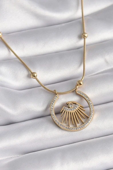 316L Çelik Gold Renk Zirkon Taşlı Göz Model Kadın Kolye - TJ-BKO9404 ürün görseli 1