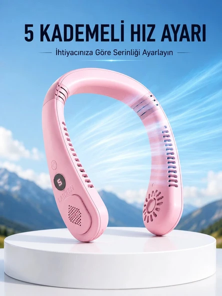 Pembe Taşınabilir Boyun Fanı Ergonomik Tasarım Çok Kademeli Hava Akışı ürün görseli 1