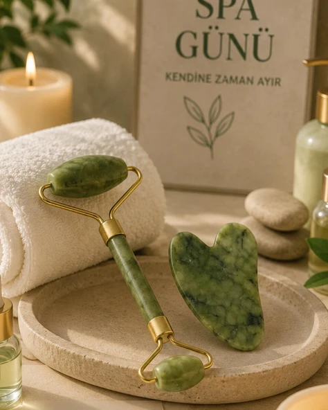 Jade Stone Yüz Bakım Seti Gua Sha ve Roller Masaj Taşı ürün görseli 1