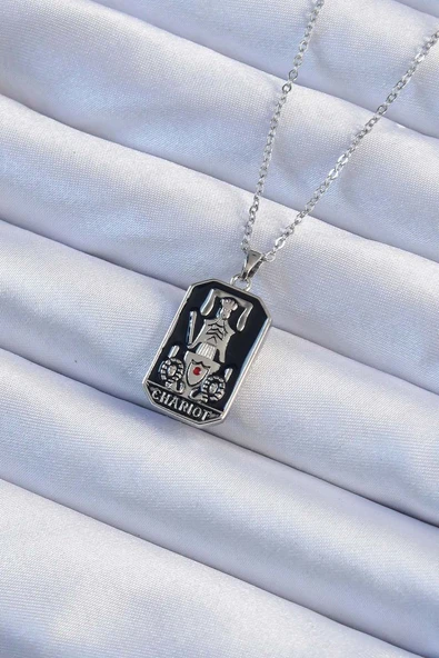 316L Çelik Zincir Gümüş Renk Siyah Mineli Tarot Kolye - TJ-BKO9246 ürün görseli 1